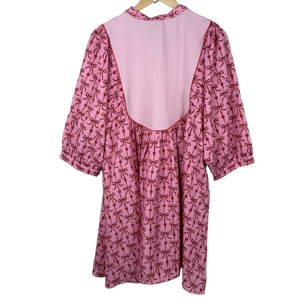 Simply Southern Pink Bow Yoke Babydoll Dress Puff Sleeve Valentine Coquette L - Picture 6 of 13